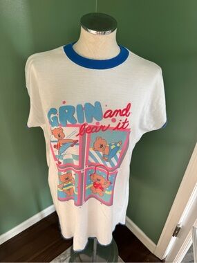 Vintage Graphic Ringer Sleep Shirt - Blue Trim - Grin and Bear It